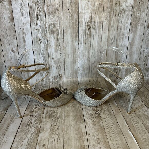 Badgley Mischka Belle Jewel Encrusted Silver Sparkling High Heel Shoes Size 9 - Picture 8 of 10